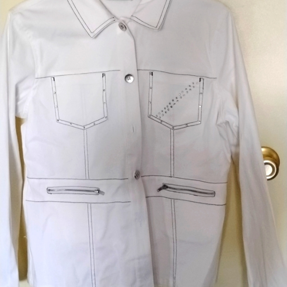 Waist Length White Sequin Jacket. Erin of London, size S, 97% cotton 3% spandex